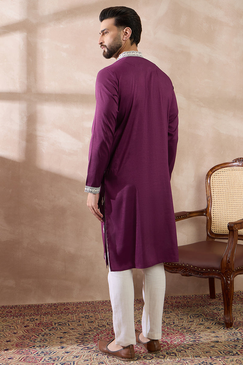 Purple Silk Blend Embroidered Indian Wear for Men MKSET1789 | DesiQlo