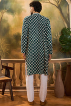 Teal Silk Blend Embroidered Shibori Straight Kurta With Trousers MKSET1416