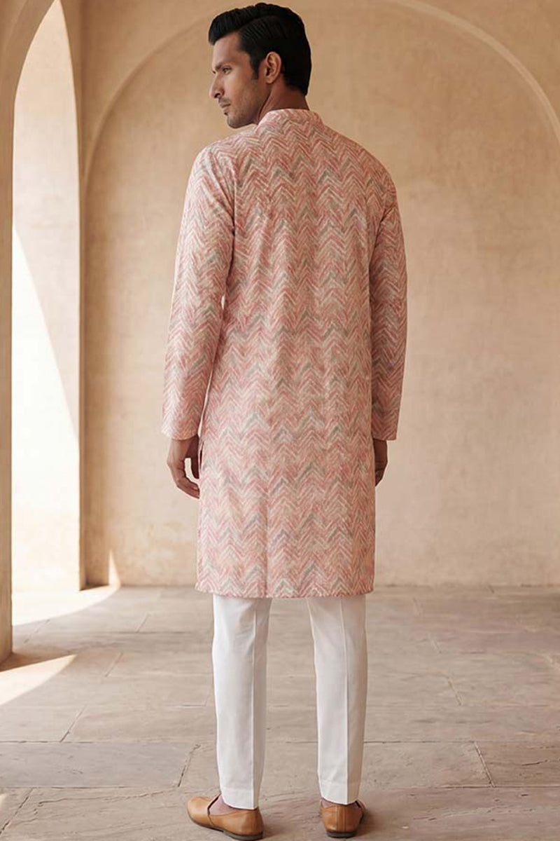Peach Cotton Blend Chevron Embroidered Kurta With Trouser MKSET2069