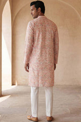 Peach Cotton Blend Chevron Embroidered Kurta With Trouser MKSET2069