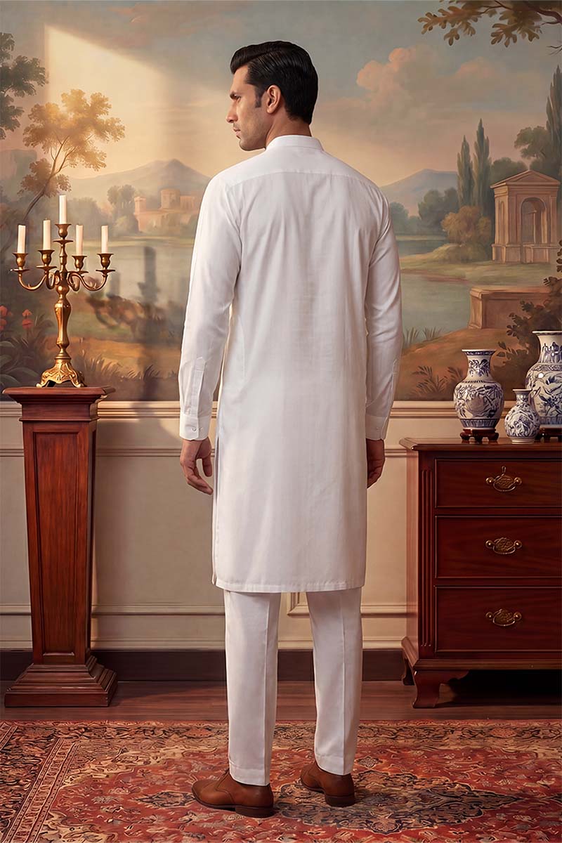 White Silk Blend Solid Solid Kurta With Trousers MKSET2220