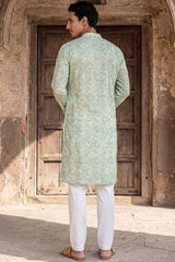 Green Cotton Blend Chevron Embroidered Kurta With Trouser MKSET2068