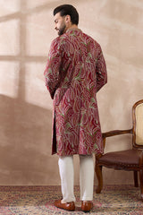 Red Silk Blend Printed Mandarin Collar Straight Kurta MKU1959