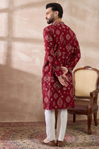 Red Silk Blend Printed Mandarin Collar Straight Kurta MKU1988