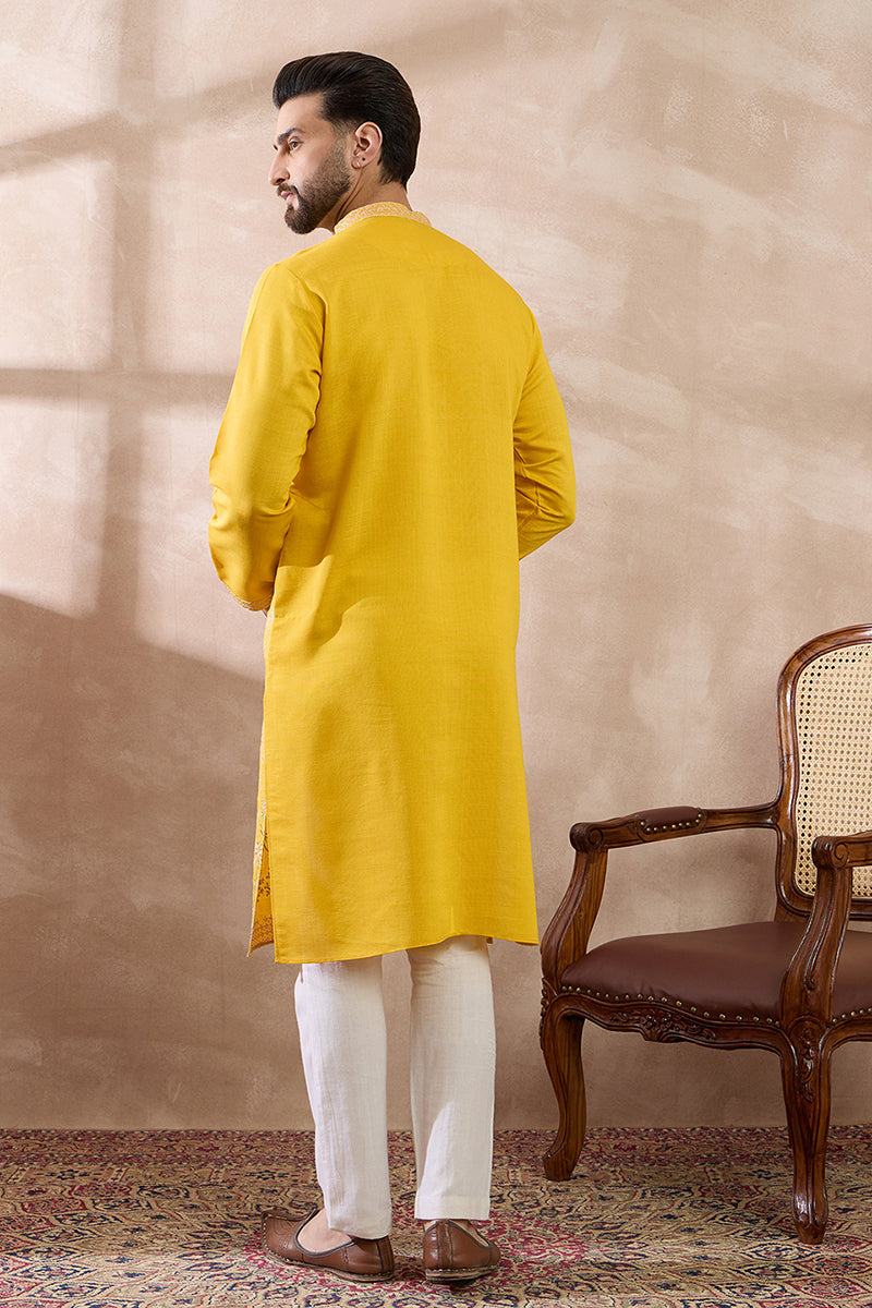 Yellow Silk Blend Embroidered Mandarin Collar Straight Kurta MKU2053