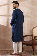 Navy Blue Silk Blend Embroidered Mandarin Collar Straight Kurta MKU1795