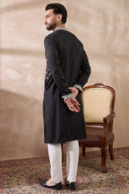 Black Silk Blend Embroidered Mandarin Collar Straight Kurta MKU1884