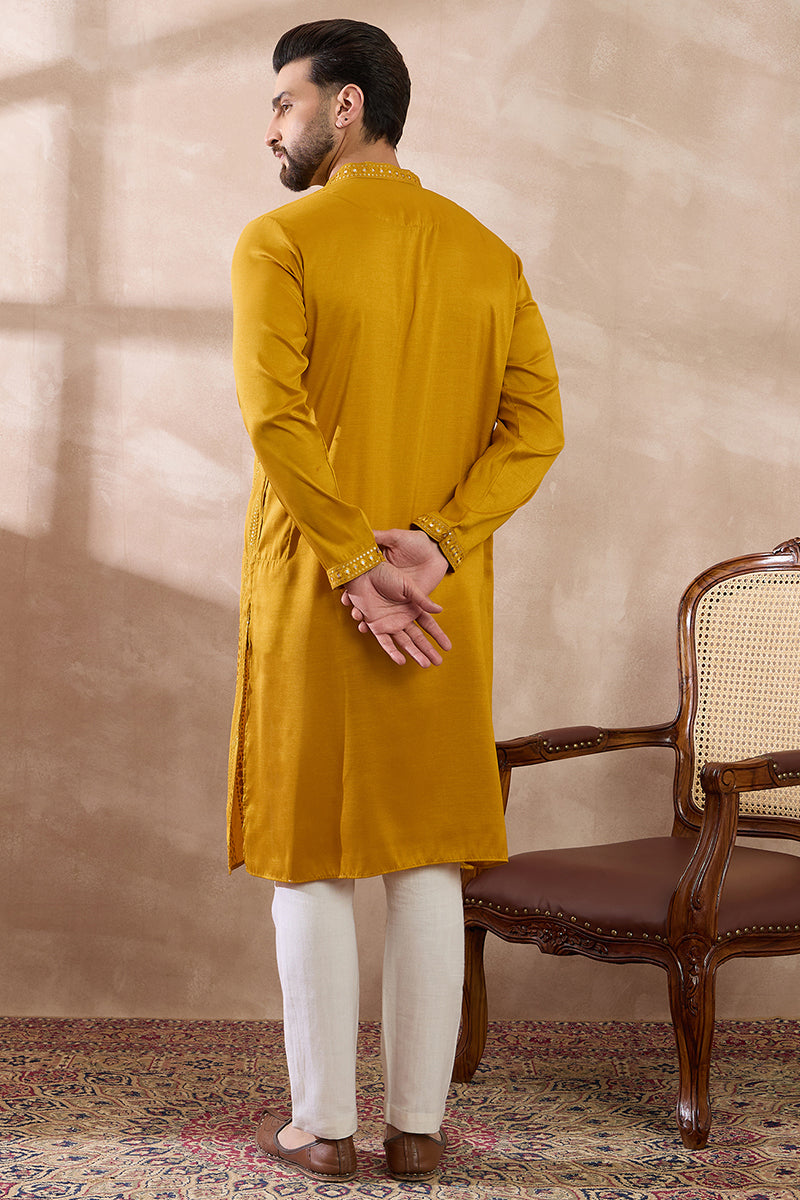 Mustard Silk Blend Embroidered Indian Wear for Men MKSET1888 | DesiQlo