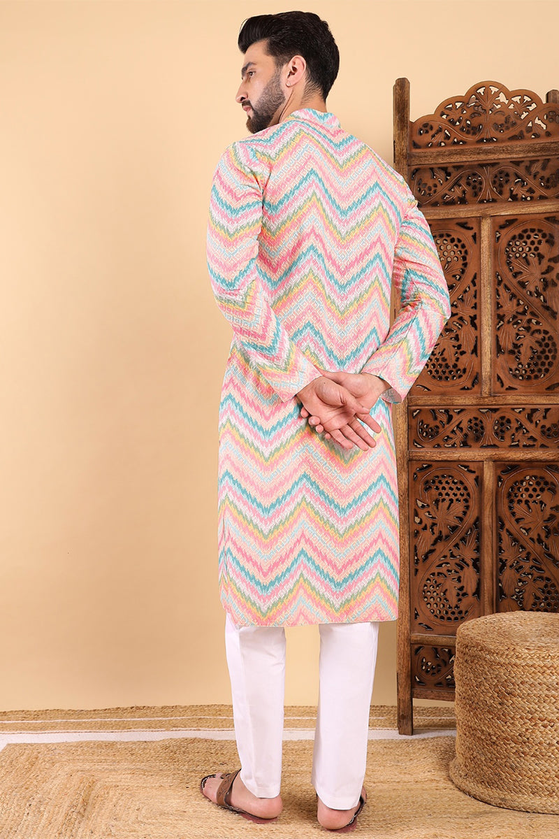 Teal Viscose Rayon Chevron Printed Straight Kurta with Trousers MKSET1008TIL