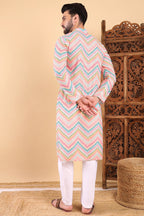 Teal Viscose Rayon Chevron Printed Straight Kurta with Trousers MKSET1008TIL
