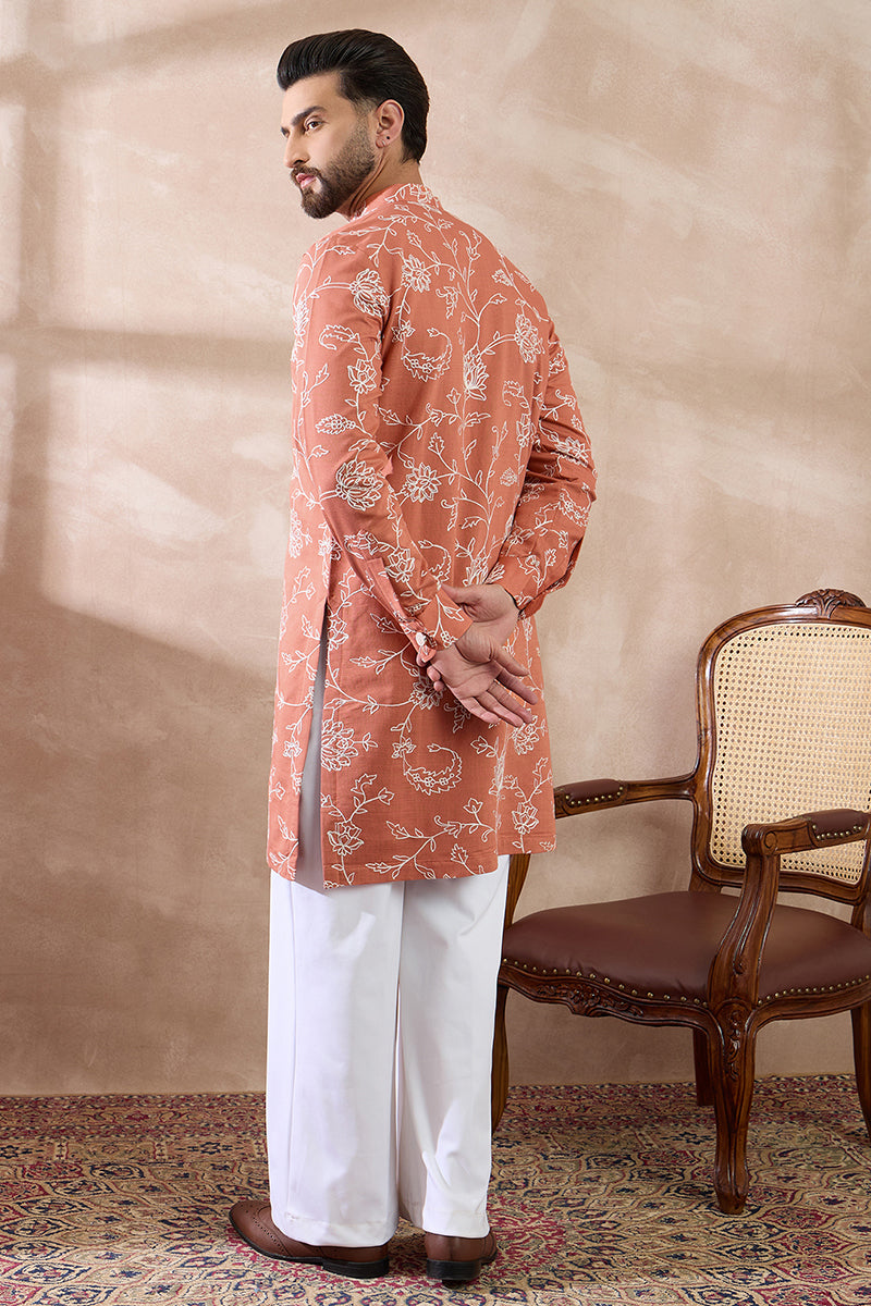 Peach Viscose Rayon Embroidered Mandarin Collar Straight Kurta With Trouser MKSET1989