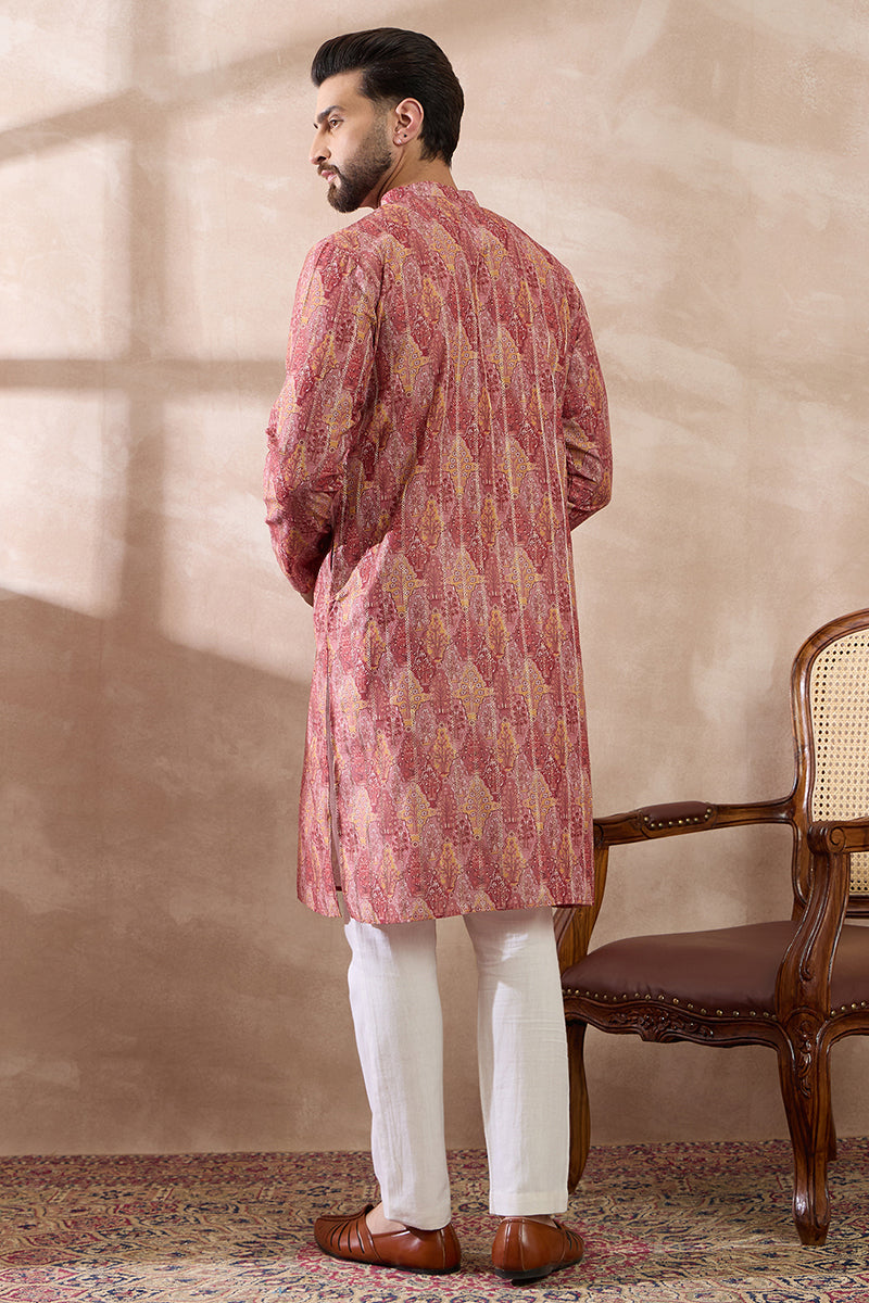 Pink Silk Blend Printed Mandarin Collar Straight Kurta MKU2054