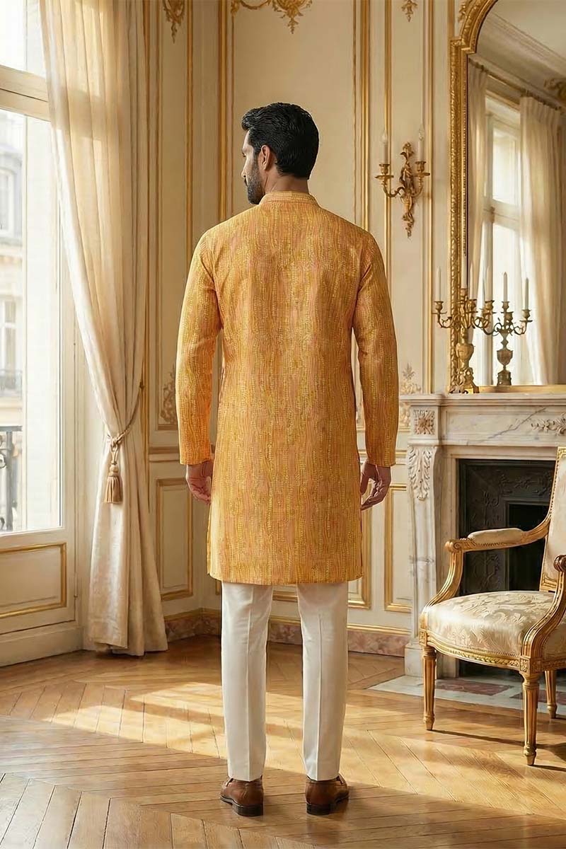 Yellow Silk Blend Printed Straight Kurta With Trousers MKSET2170