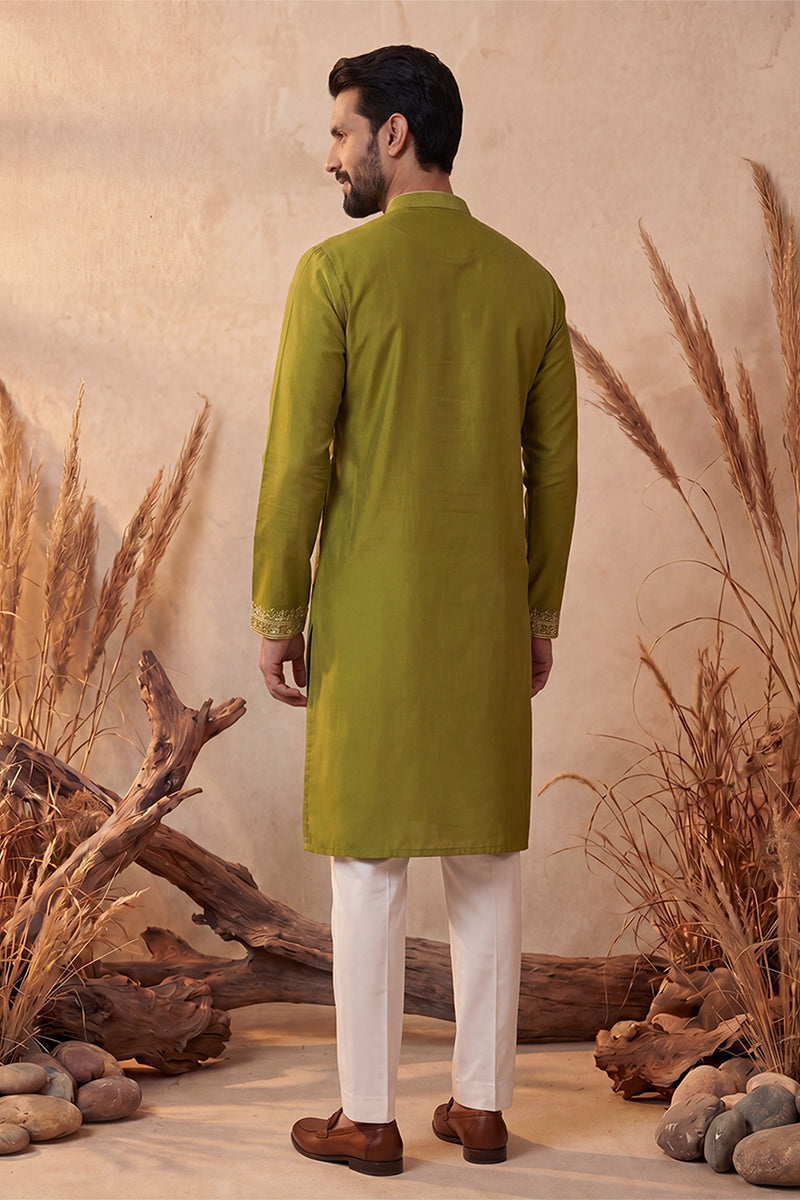 Green Silk Blend Solid Emboidered Straight Kurta MKU2313