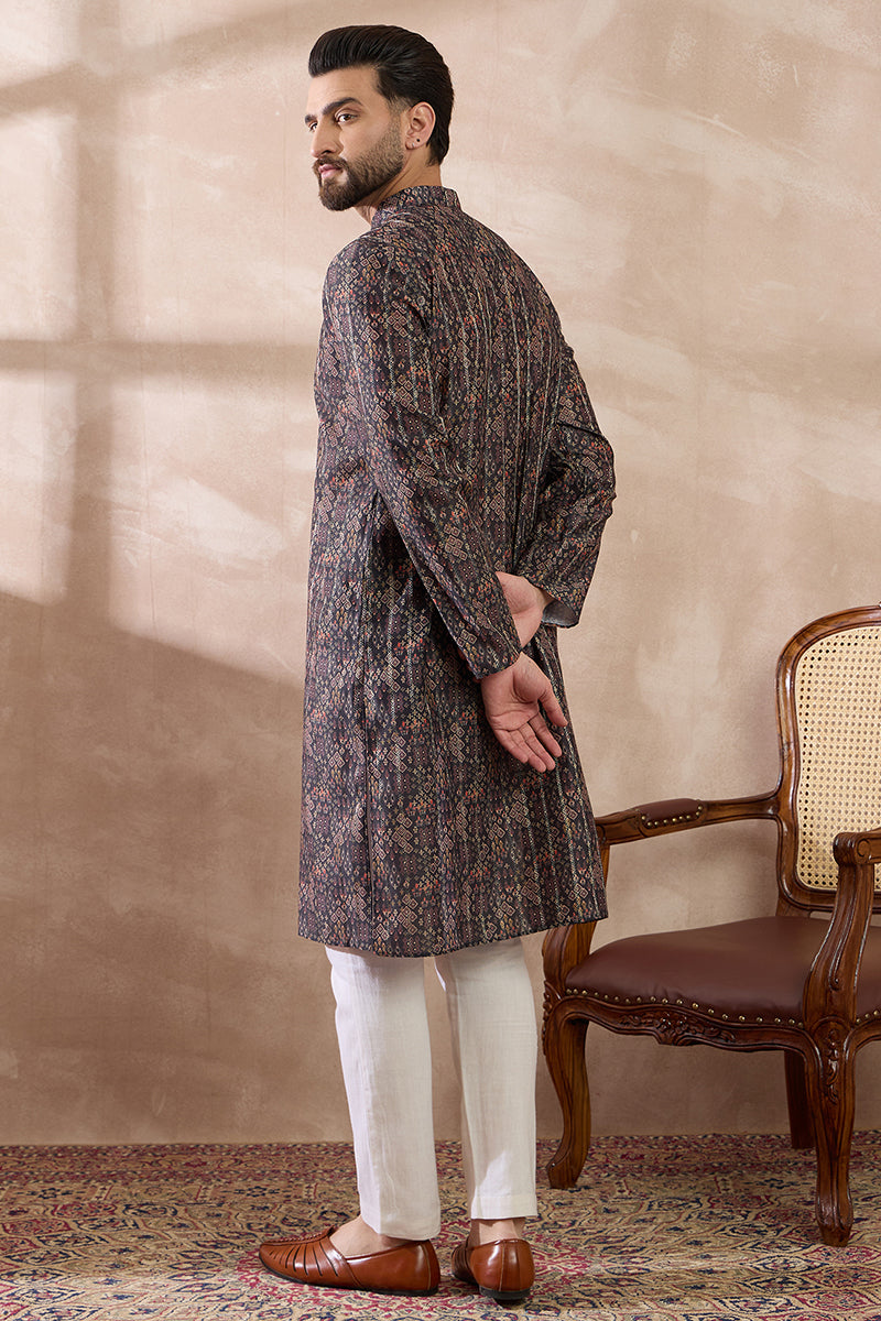 Black Silk Blend Printed Mandarin Collar Straight Kurta MKU2116