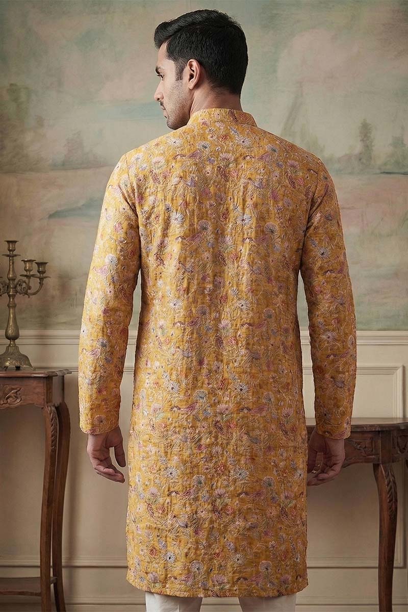 Mustard Silk Blend Printed Straight Kurta With Trousers MKSET1976