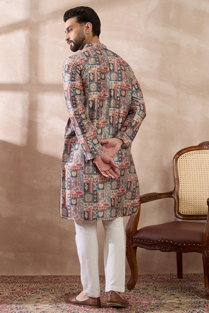 Multi Silk Blend Printed Mandarin Collar Straight Kurta With Trouser MKSET2001