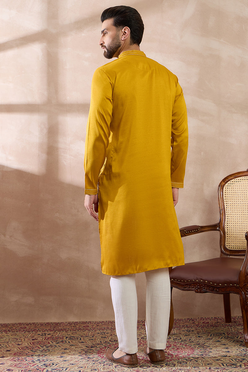 Mustard Silk Blend Embroidered Mandarin Collar Straight Kurta With Trouser MKSET1887