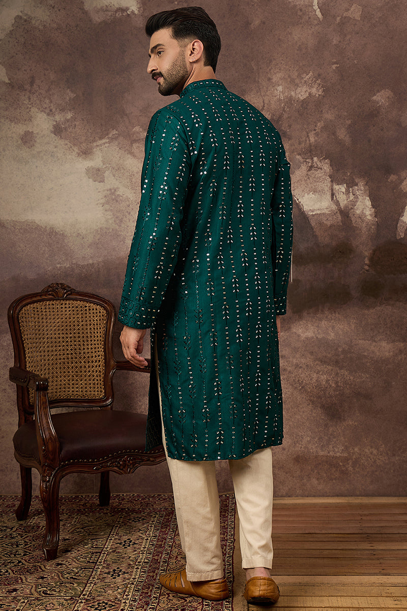 Teal Silk Solid Embroidered Straight Kurta MKU1357