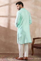 Teal Polyester Woven Design Mandarin Collar Straight Kurta With Trouser MKSET2016