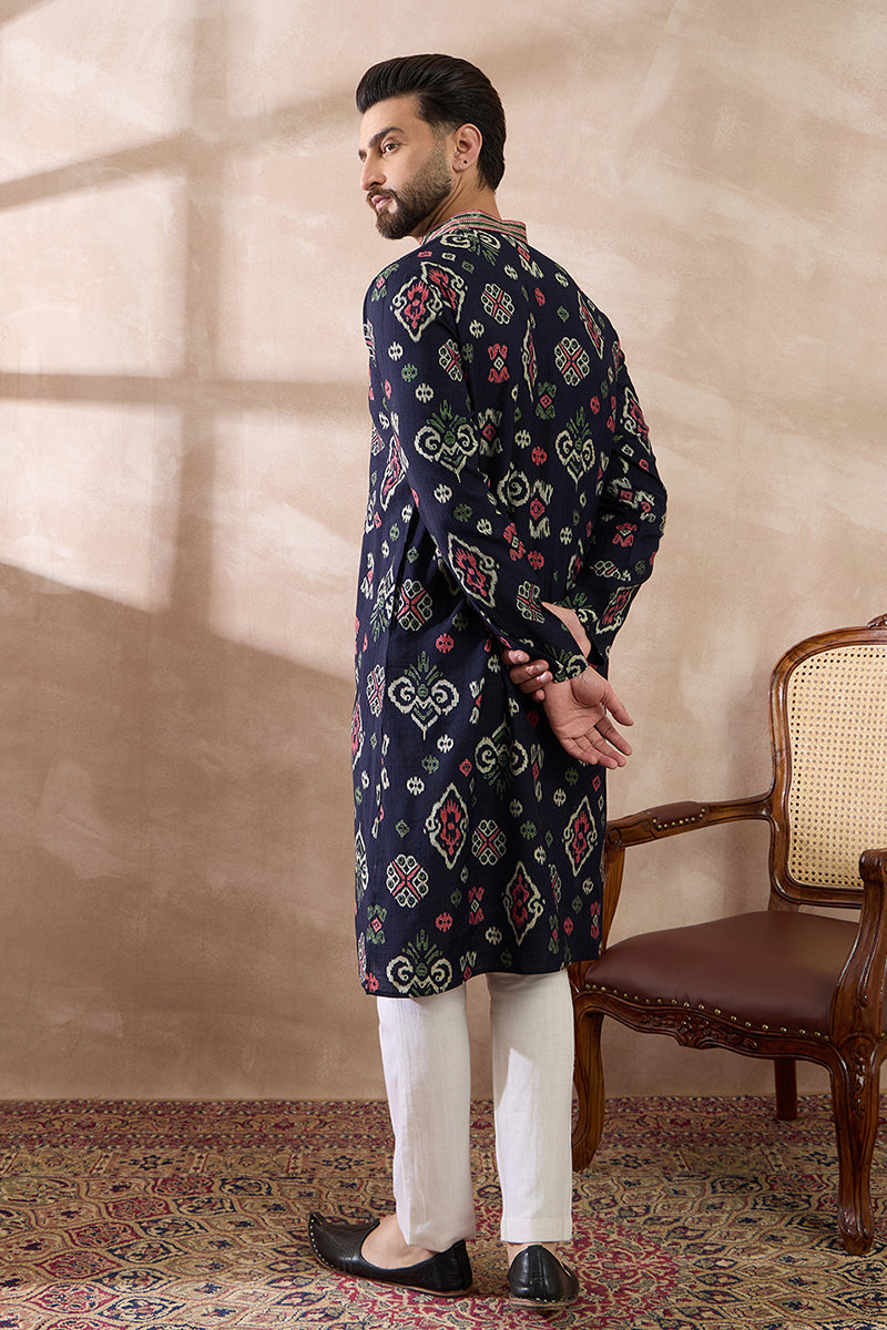 Blue Silk Blend Printed Mandarin Collar Straight Kurta MKU1987