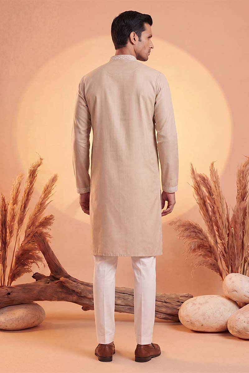Beige Silk Blend Solid Embroidered Kurta With Trousers MKSET2089
