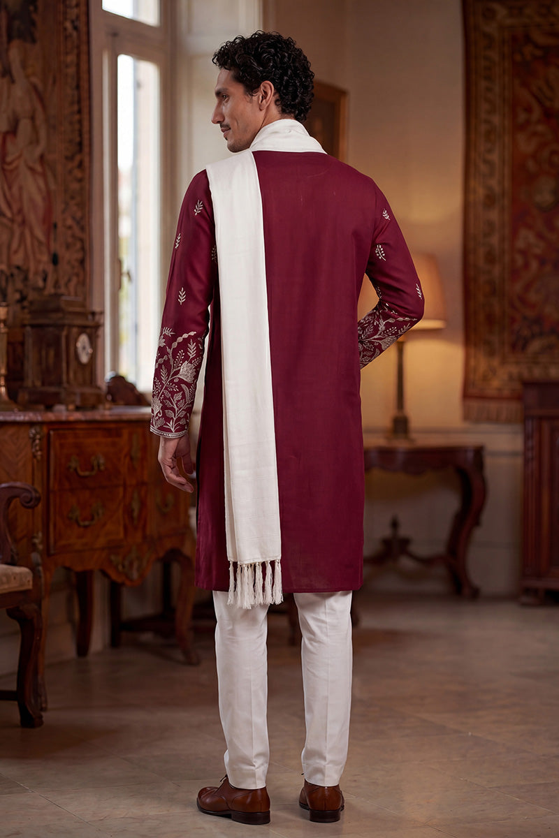 Maroon Silk Blend Solid Embroidered Straight Kurta with Dupatta MKUD1945