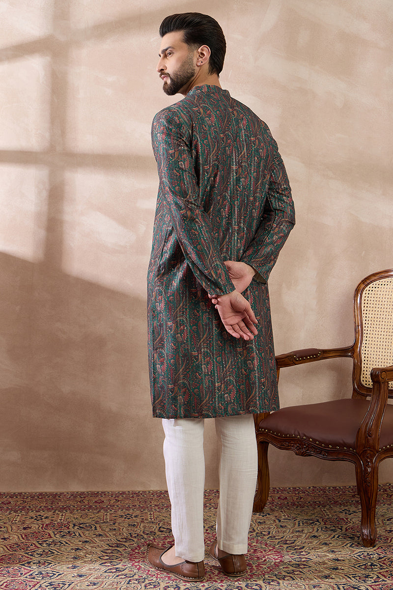 Green Silk Blend Printed Mandarin Collar Straight Kurta MKU2050