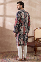 Black Silk Blend Printed Mandarin Collar Straight Kurta With Trouser MKSET1977