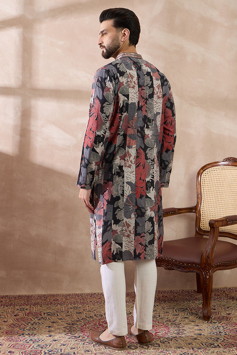 Black Silk Blend Printed Mandarin Collar Straight Kurta With Trouser MKSET1977