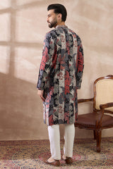 Black Silk Blend Printed Mandarin Collar Straight Kurta With Trouser MKSET1977