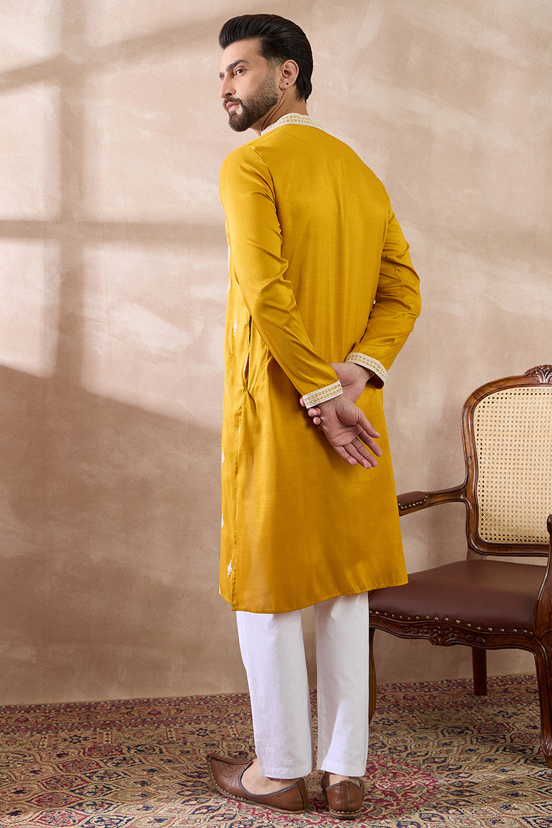 Yellow Silk Blend Embroidered Mandarin Collar Straight Kurta MKU1794