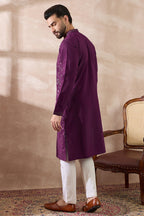 Purple Silk Blend Embroidered Mandarin Collar Straight Kurta With Trouser MKSET2078