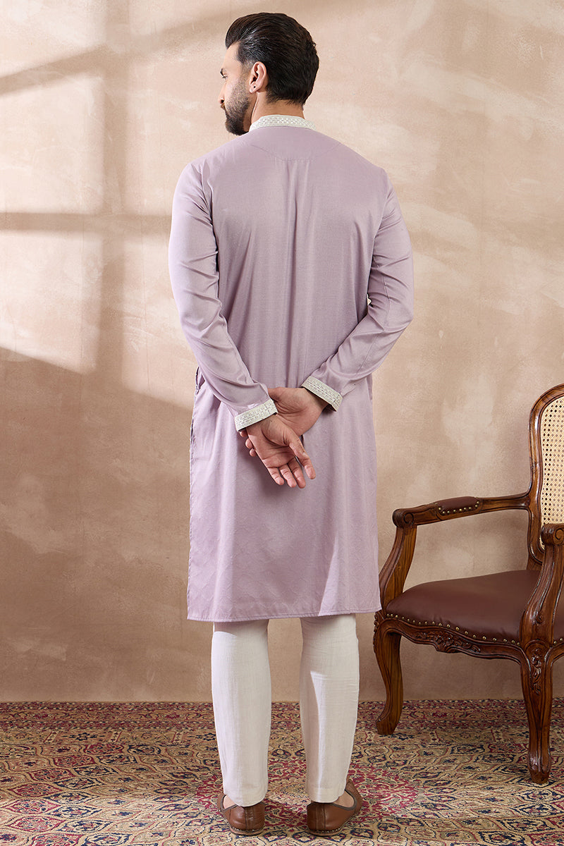 Lavender Silk Blend Embroidered Mandarin Collar Straight Kurta MKU1690