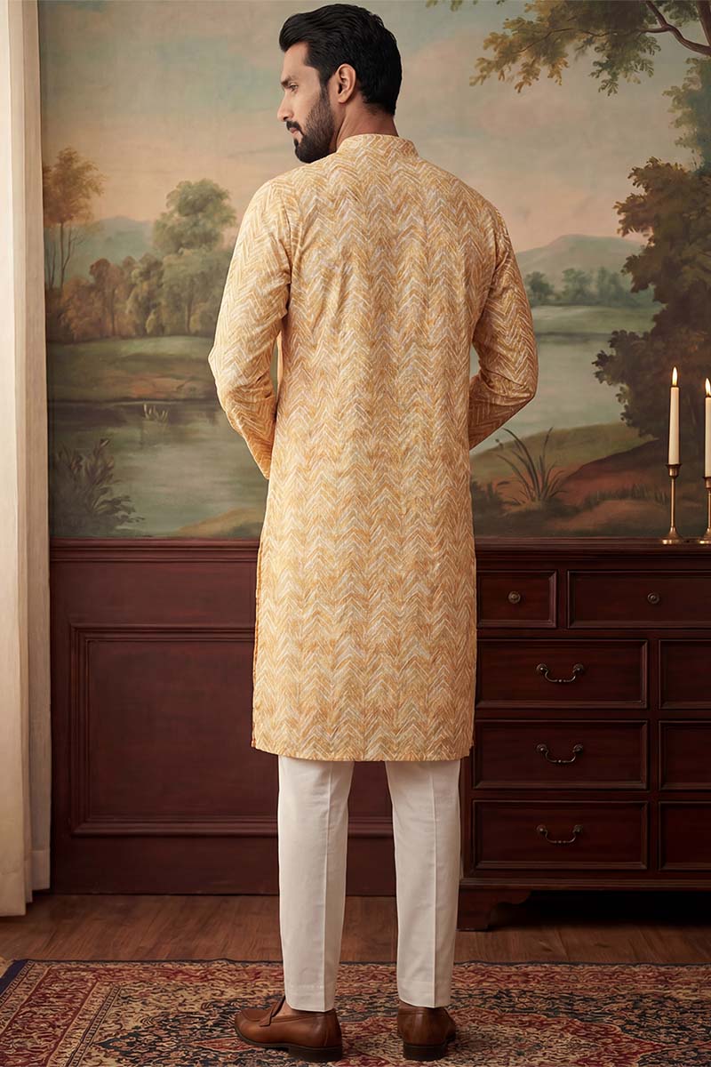 Yellow Cotton Blend Chevron Embroidered Kurta MKU2066