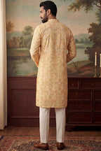 Yellow Cotton Blend Chevron Embroidered Kurta MKU2066