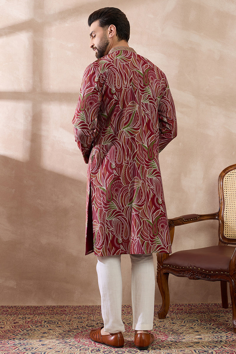 Red Silk Blend Printed Mandarin Collar Straight Kurta With Trouser MKSET1959