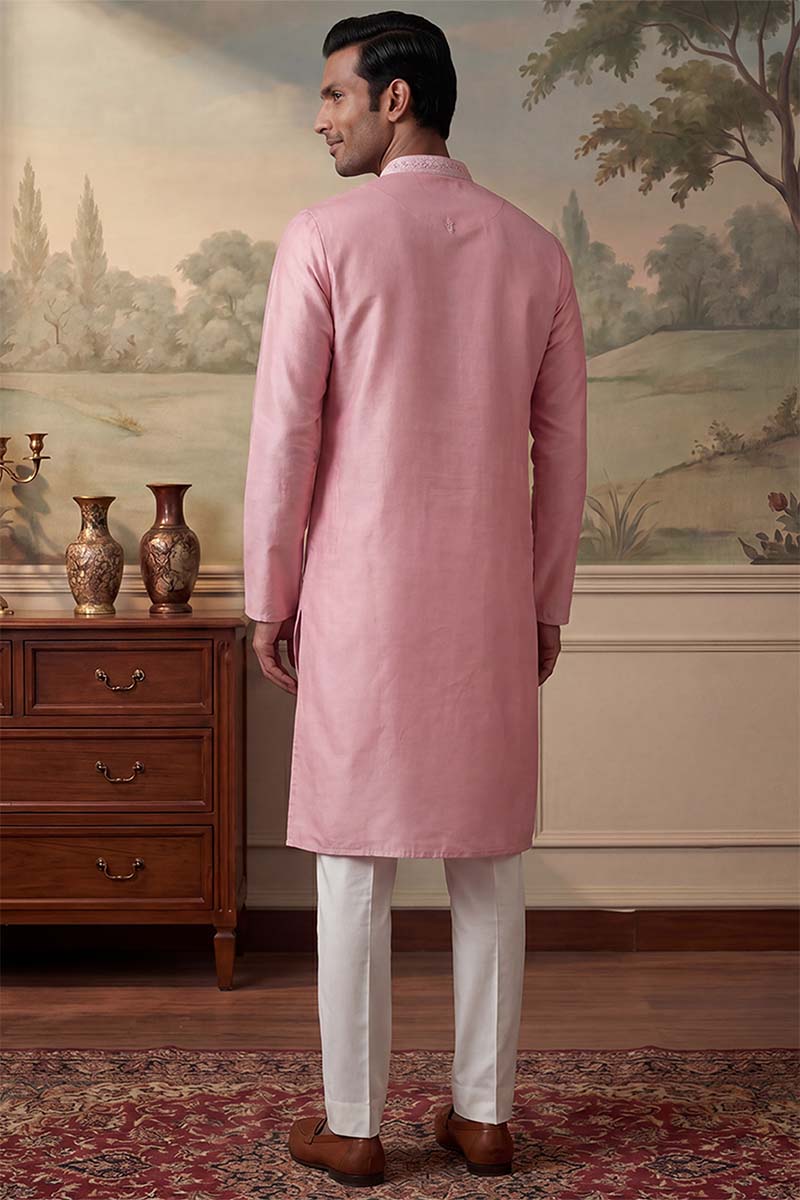 Silk Blend Pink Solid Embroidered Calf Length Straight Kurta With Trousers MKSET2271