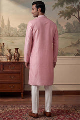 Silk Blend Pink Solid Embroidered Calf Length Straight Kurta With Trousers MKSET2271