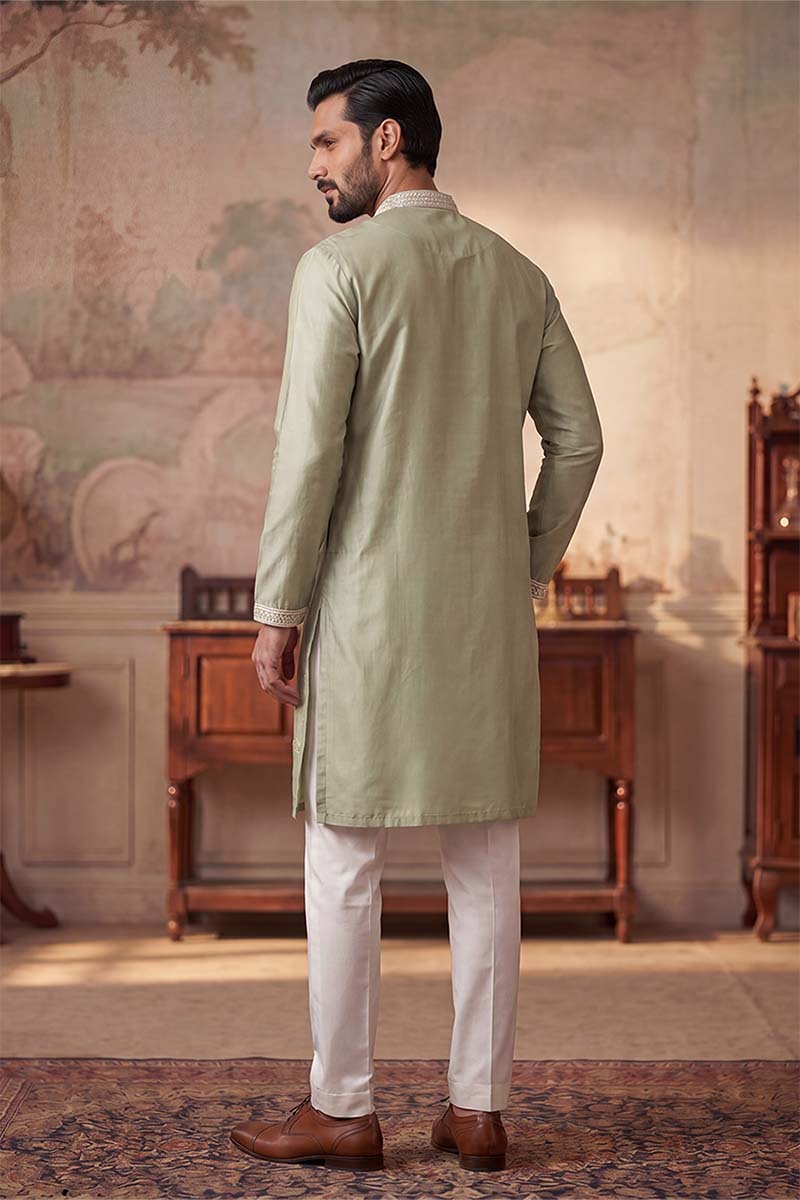 Green Silk Blend Solid Embroidered Kurta With Trousers MKSET2153