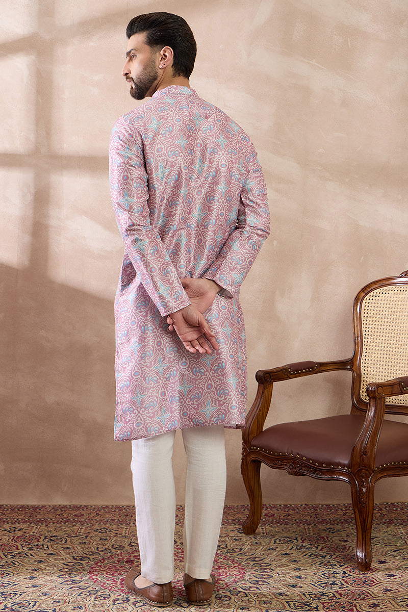 Lavender Silk Blend Printed Mandarin Collar Straight Kurta With Trouser MKSET1985