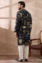 Navy Blue Silk Blend Printed Mandarin Collar Straight Kurta MKU1961