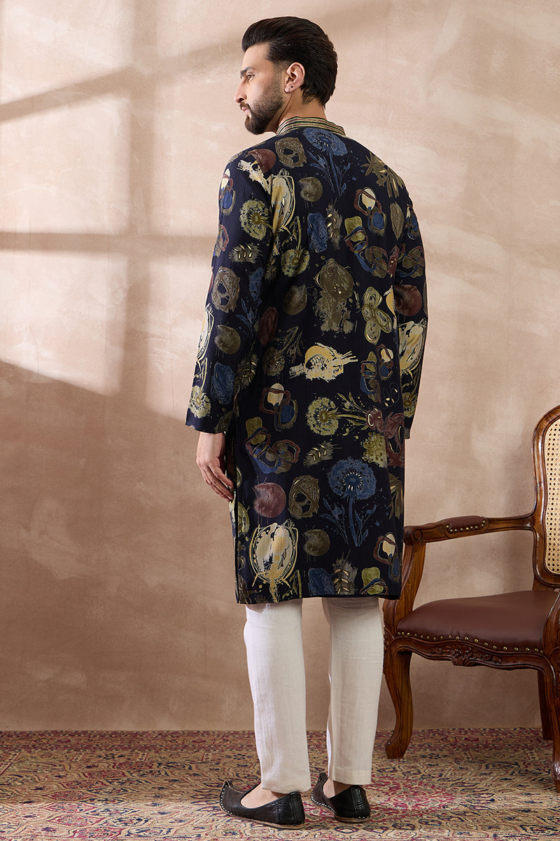 Navy Blue Silk Blend Printed Mandarin Collar Straight Kurta MKU1961