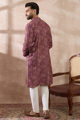 Purple Silk Blend Printed Mandarin Collar Straight Kurta With Trouser MKSET2023