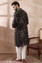 Black Silk Blend Printed Mandarin Collar Straight Kurta MKU1956