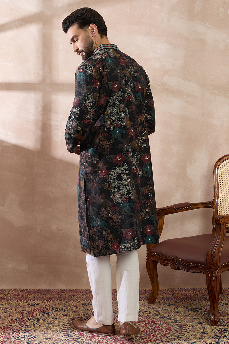 Black Silk Blend Printed Mandarin Collar Straight Kurta MKU1956