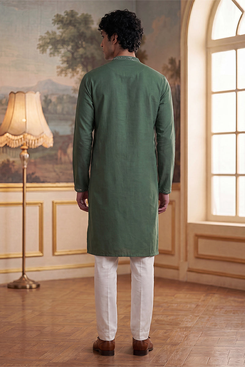 Green Silk Blend Solid Emboidered Sequins Kurta MKU2279