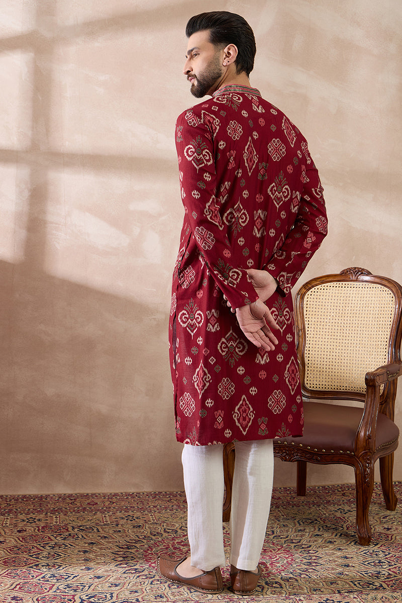 Red Silk Blend Printed Mandarin Collar Straight Kurta With Trouser MKSET1988
