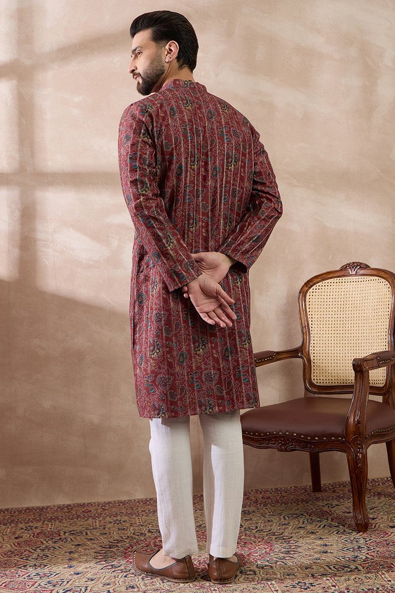 Maroon Silk Blend Printed Mandarin Collar Straight Kurta With Trouser MKSET2025