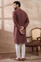 Maroon Silk Blend Printed Mandarin Collar Straight Kurta With Trouser MKSET2025